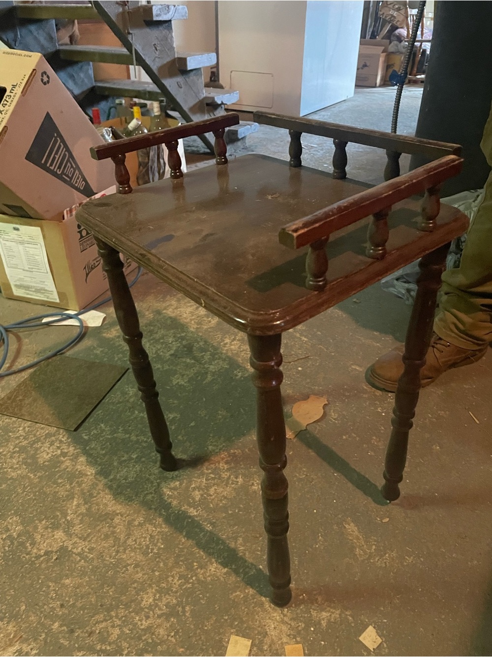 Vintage Dark Brown Wood Side Table with Spindle Rail